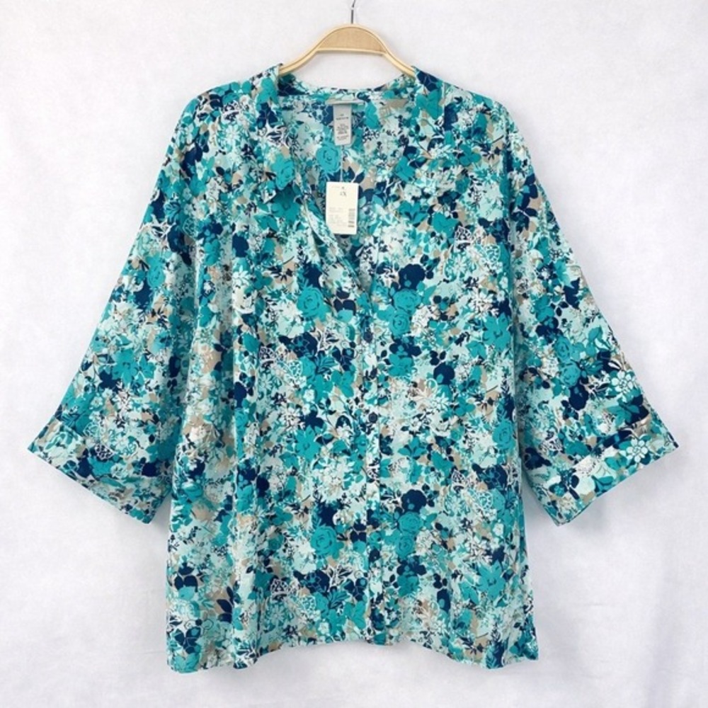 Catherines Floral Cottagecore Shirt‎ Women 4X Teal Navy Button Up V-neck NWT